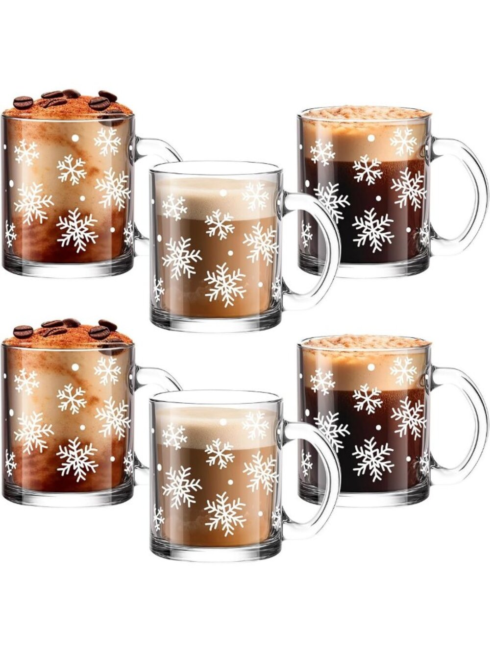 Set of 6 Christmas Snowflake Coffee Mugs - 12 oz Glass Cups for Holiday Cheer